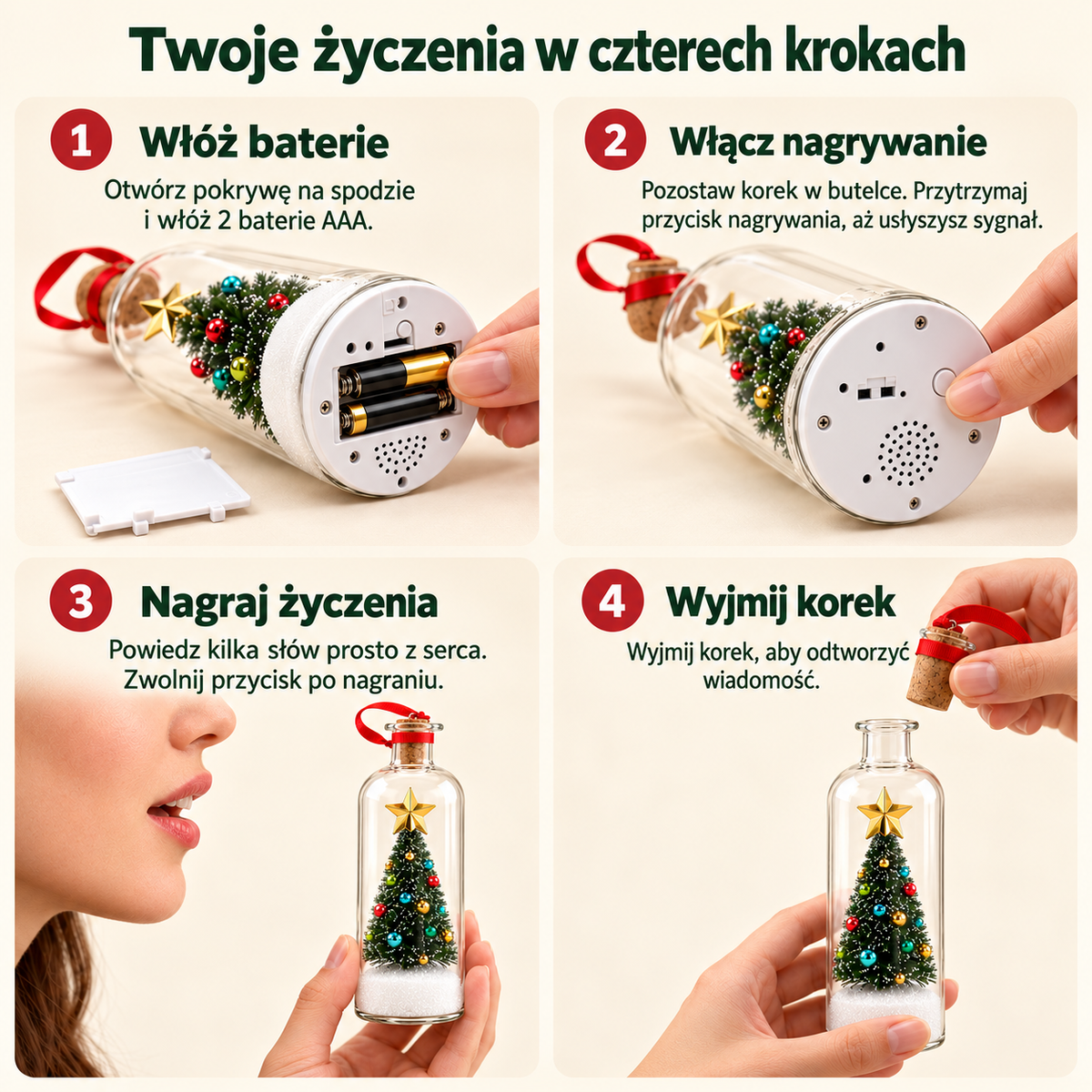 Twoje życzenia w czterech krokach: baterie, nagrywanie, życzenia, wyjęcie korka